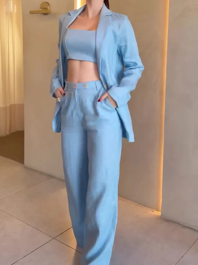 Cotton And Linen Solid Color Jacket & Camisole & High waisted Pants Three piece Set Blue - Shop at LoveMi