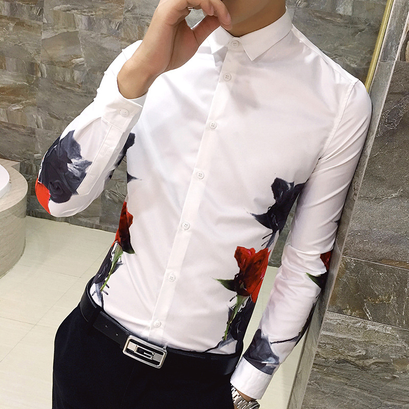 Red And Black Rose Pattern Digital Printing Men's Long-sleeved Shirt