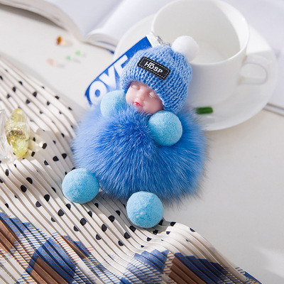 Fox Fur Fur Pendant Sleeping Baby Backpack Fur Pendant Jewelry Key Bag Bag Pendant Light Blue - Shop at LoveMi