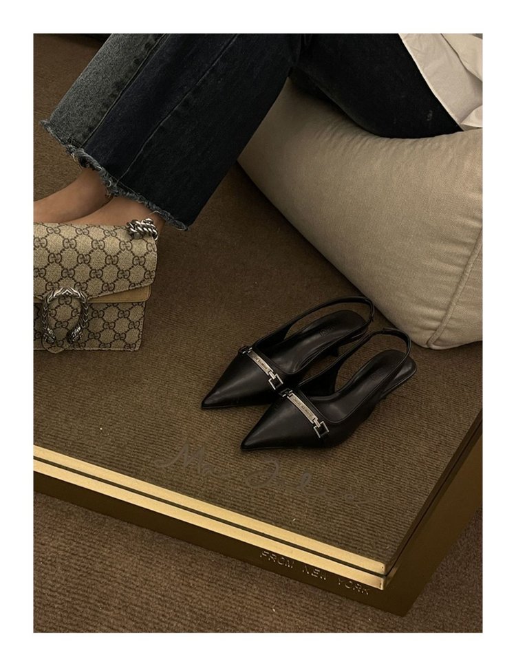 French Style Low Heel Sandals For Women Summer 2025 Spring Black Pointed Toe Kitten Heel Pumps Elegant High Heels