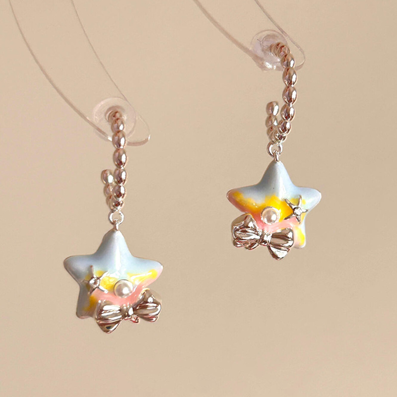 Dopamine Colorful Star Bow Stud Earrings For Women, Sweet Spring Summer Olive Bead C-Shaped Tassel Fashion Dainty Ear Jewelry