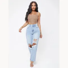Women's Fashionable High Waist Washed Jeans - Blue - View 1