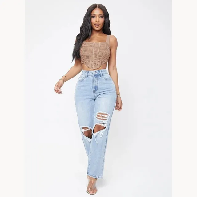 Women's Fashionable High Waist Washed Jeans Blue - Shop at LoveMi