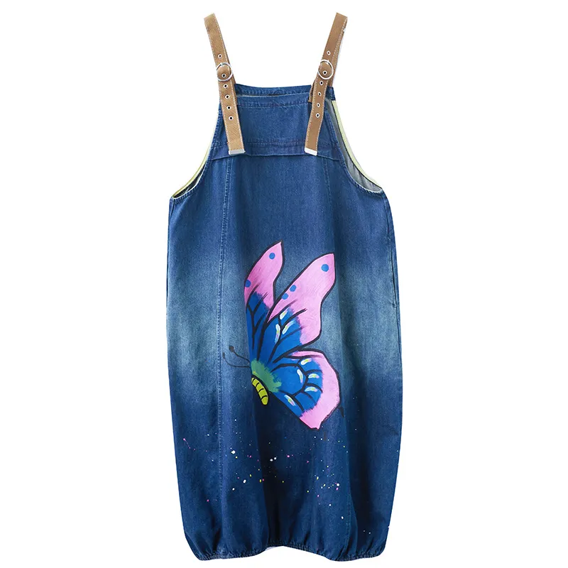 Fashion Butterfly Printed Denim Strap Skirt - Blue