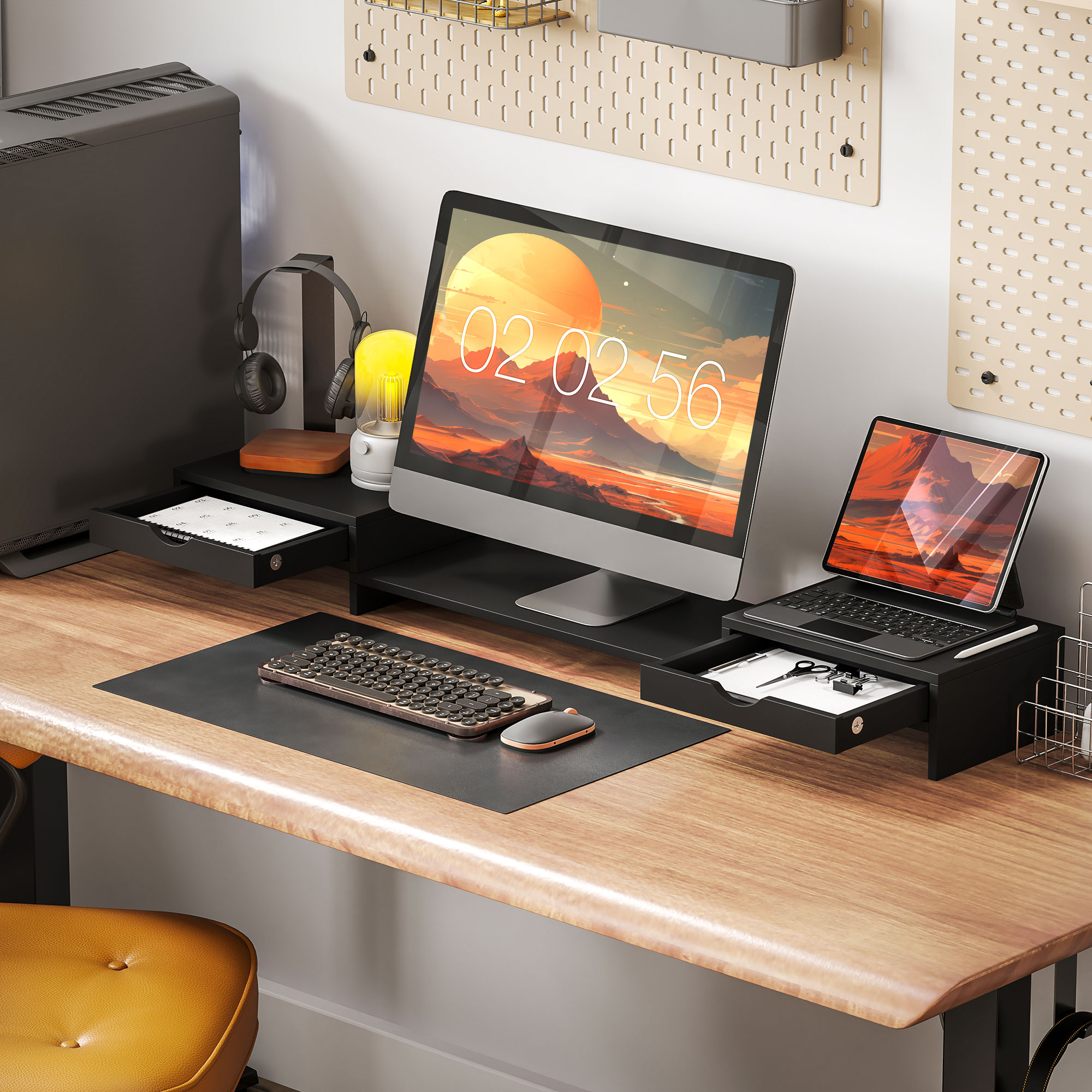 Dual Monitor Stand With 2 Drawers, Adjustable Length And Angle, 116cm Suitable — image 4