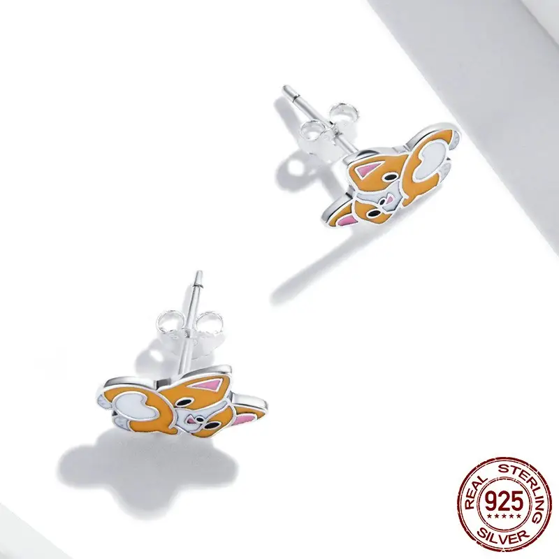 New S925 Silver Cute Corgi Earrings Female