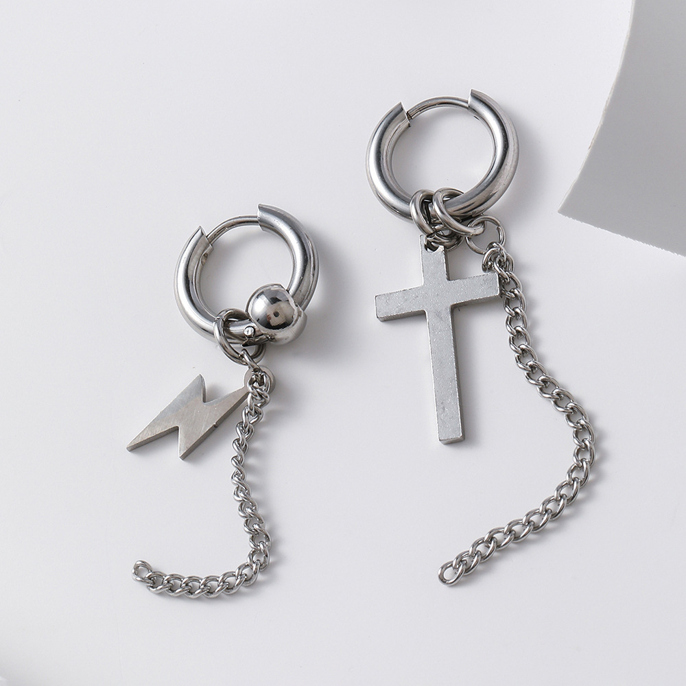 Men's Fashion Personality Asymmetric Stainless Steel Cross Shelf Lightning Earrings