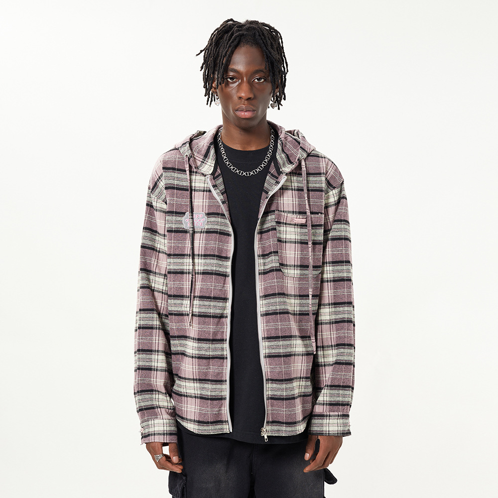 Striped Plaid Hooded Shirt Coat