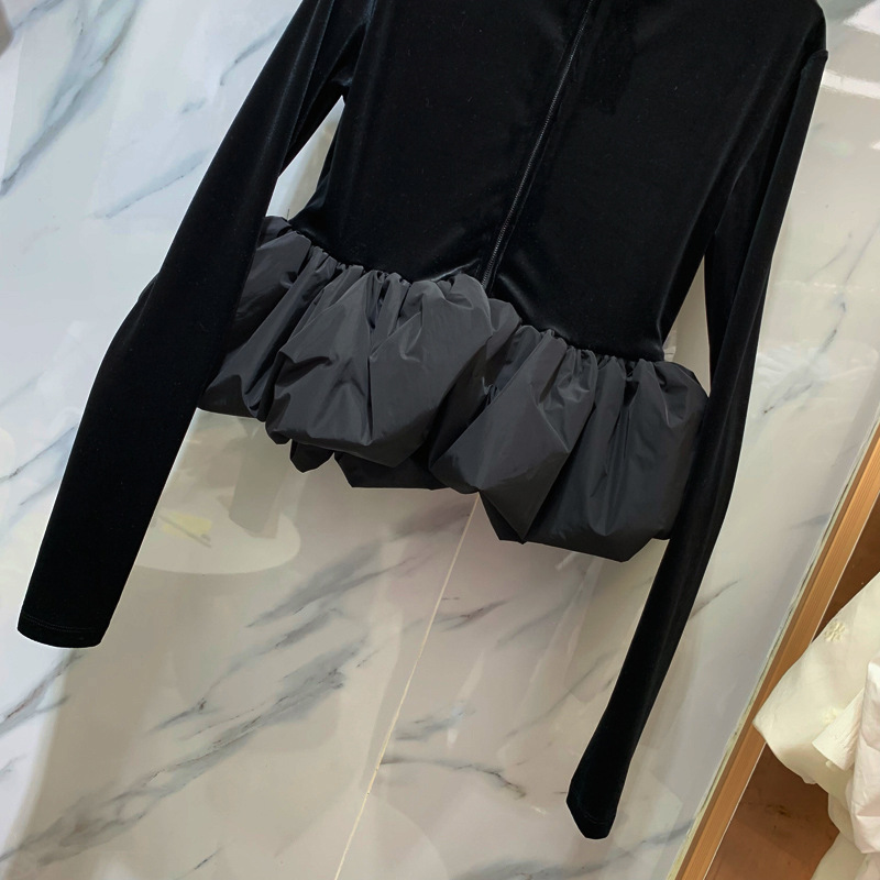 Star Same Retro Slim Shoulder Pad Velvet Bubble Bud T-shirt Women