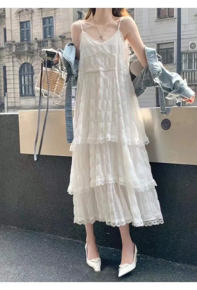 French Sweet Lace Strap Dress Girl White - Shop at LoveMi