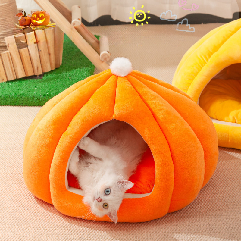 Cat Litter Winter Warm Closed Cat Litter Cute Pumpkin Kennel High Elastic PP Cotton Pet Cat Supplies Orange - Shop at LoveMi