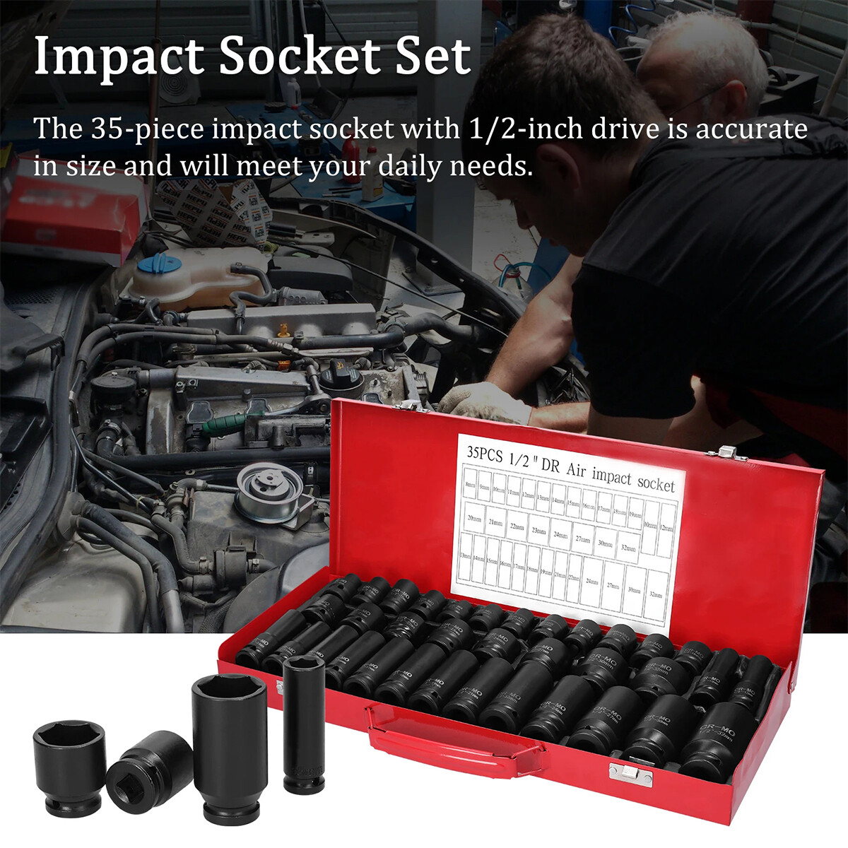 35PCS 1-2 8-32mm Metric Drive Deep Impact Socket Tool Set Garage Chrome Steel — image 10