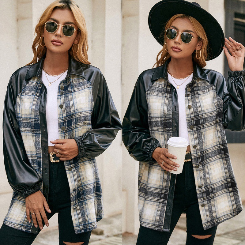 Long Sleeve Loose Panel Casual Double Pocket Check Jacket