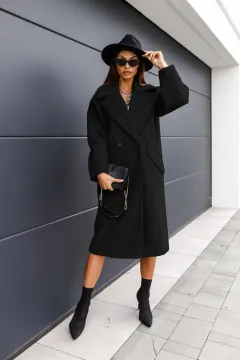Double-breasted Suit Collar Solid Color Long Woolen Outer - Black - View 1