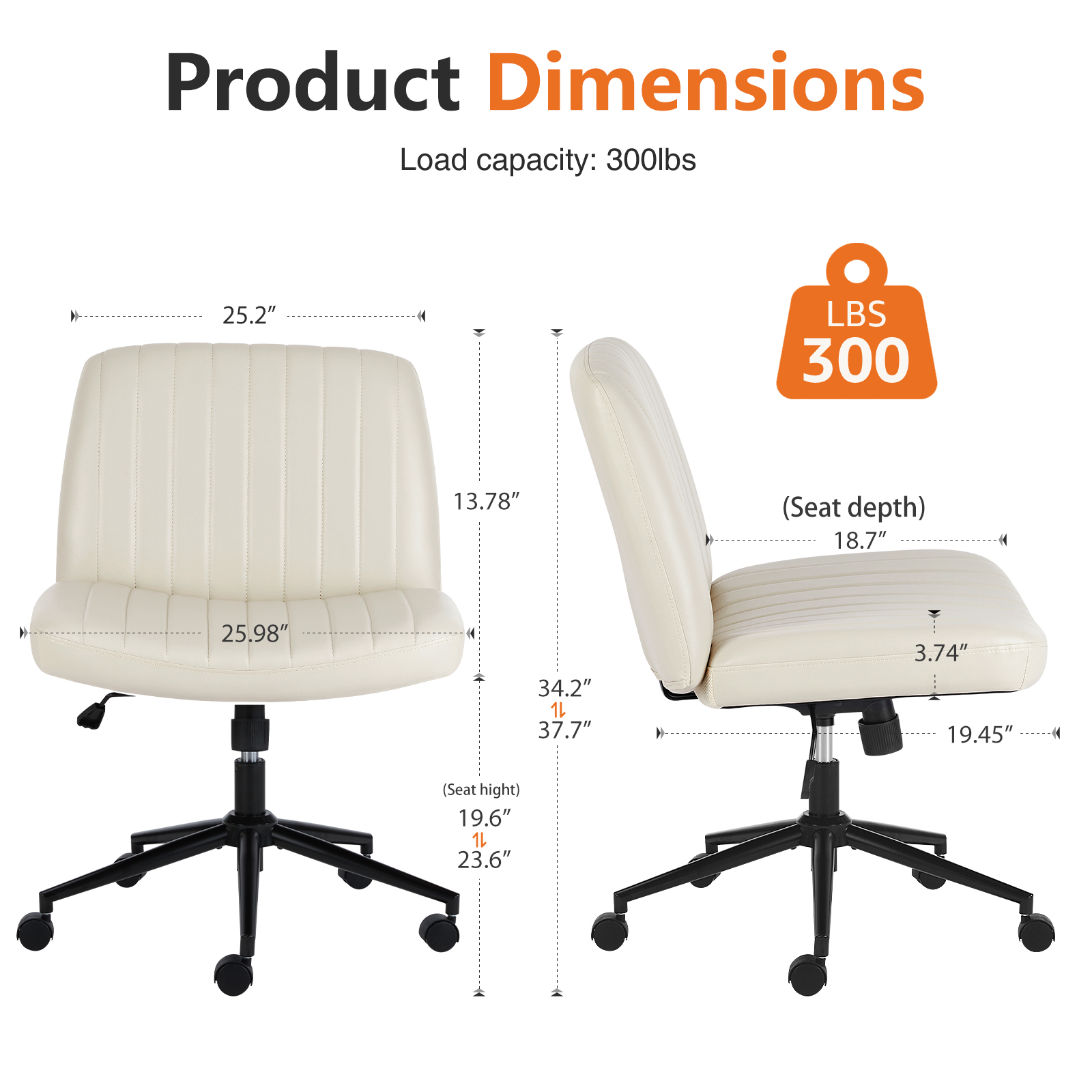Office Desk Vanity Chair Cross Legged Armless Swivel Fabric Height Adjustable Wide Seat With Replaceable Wheels-Fixed Base, Comfy Task Chair Padded_voghion.com