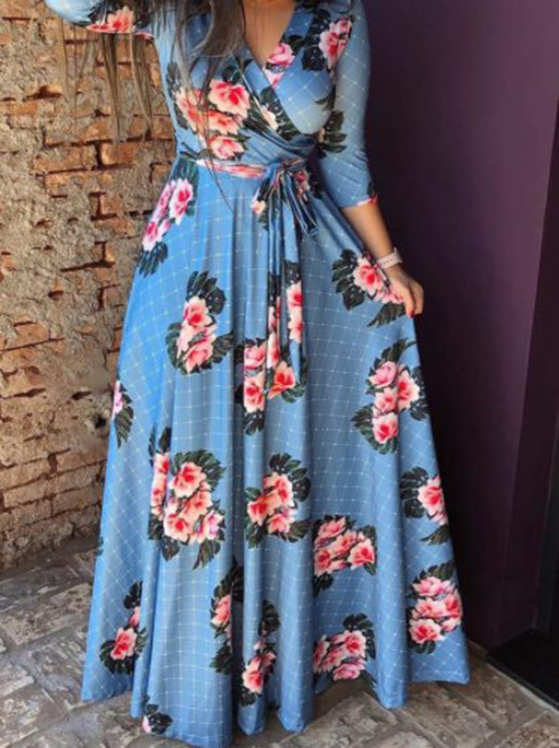 Women's Long Sleeve Printed V-Neck Dress
