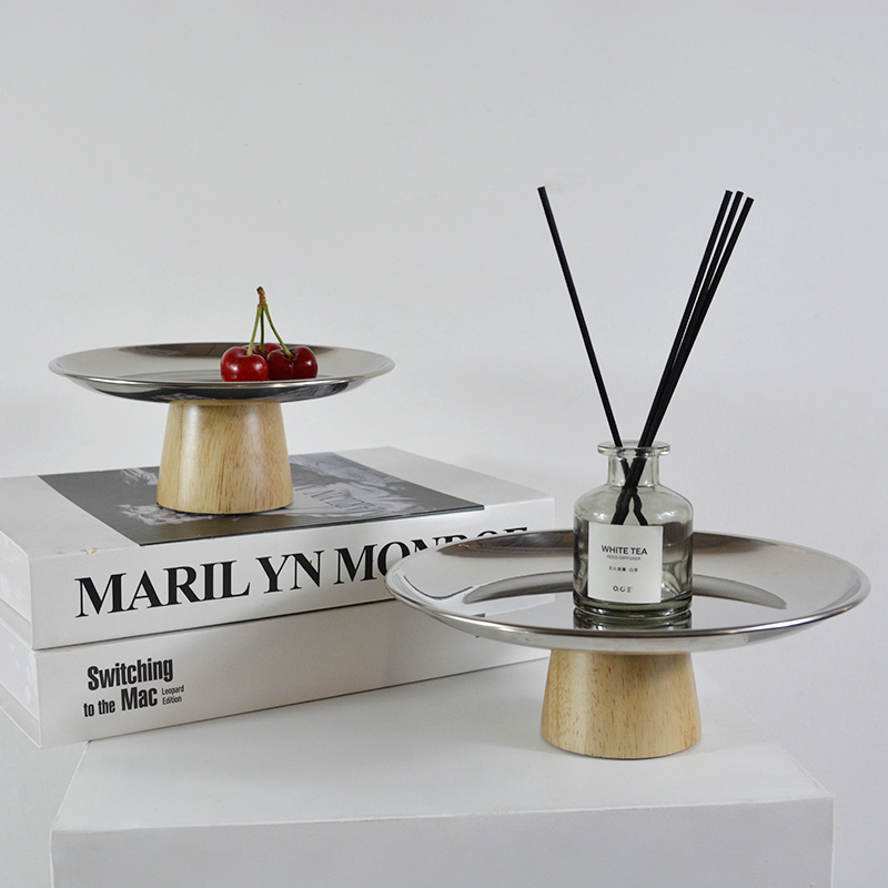 Stainless Steel High Foot Tray Solid Wood Cake Stand Metal Ornament