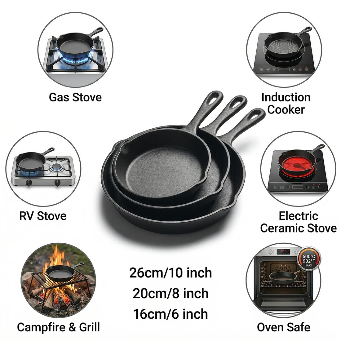 3pcs Pre-Seasoned Cast Iron Skillet Grill Pan With Handle For BBQ,Kitchen — image 8
