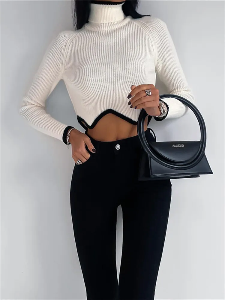 Long Sleeve High Neck Tight Knit Bottom Shirt - White