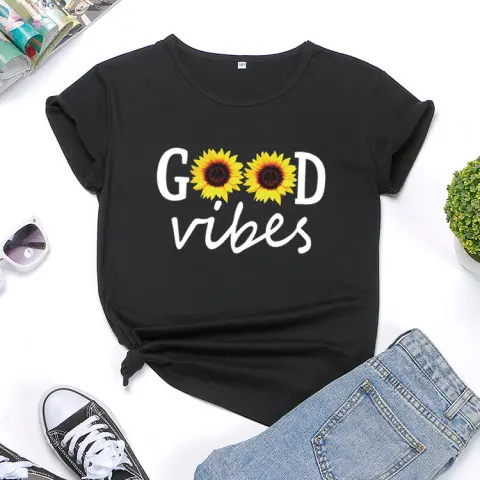 Letter Sunflower Print Ladies Short Sleeve O Neck Loose