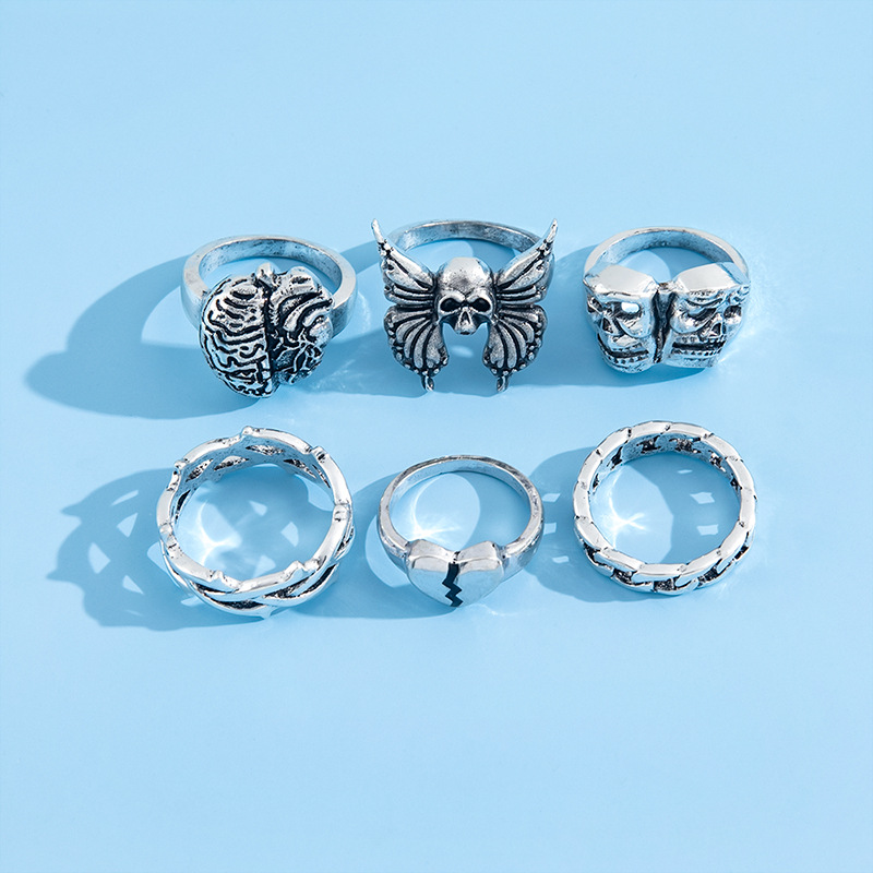 Mens Fashion Vintage Exaggerated Skull Hollow Brain Love Necronomicon Ring