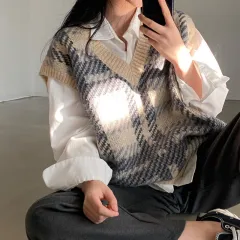 Loose Sweater Women's Plaid Knitted Vest Top - Grey - View 1