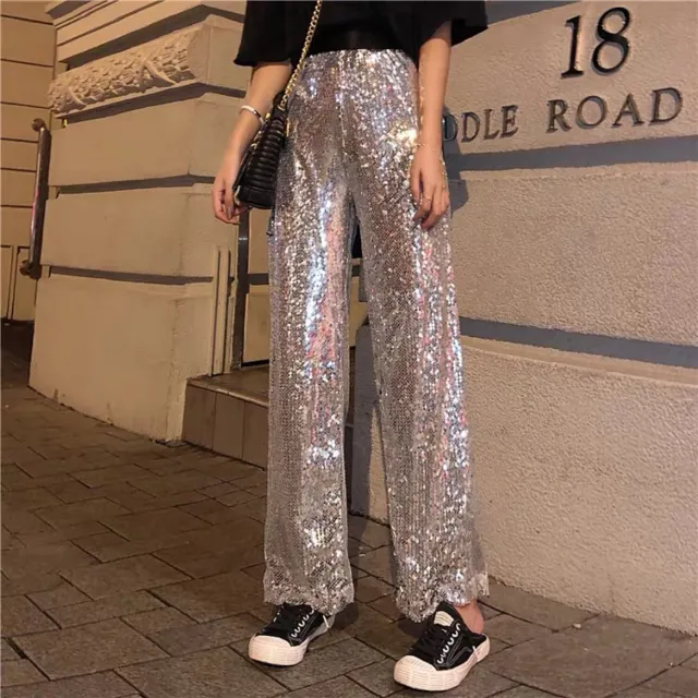 New Shimmering Beads Leisure Loose High Waist Silver - Shop at LoveMi