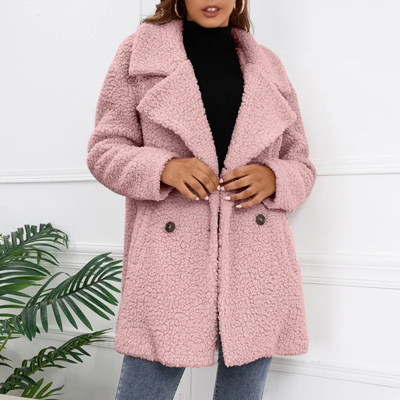 Lamb Fur Coat Loose Lapel Plush Windbreaker Women - Lotus Root Powder-L