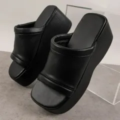 Women's New Fashion Casual Wedge Heel Plus Size Slippers - Black - View 1