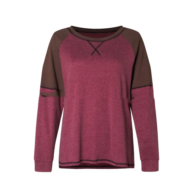 Long Sleeve Stitching Round Neck Casual T shirt Loose Ladies Top Fuchsia L - Shop at LoveMi
