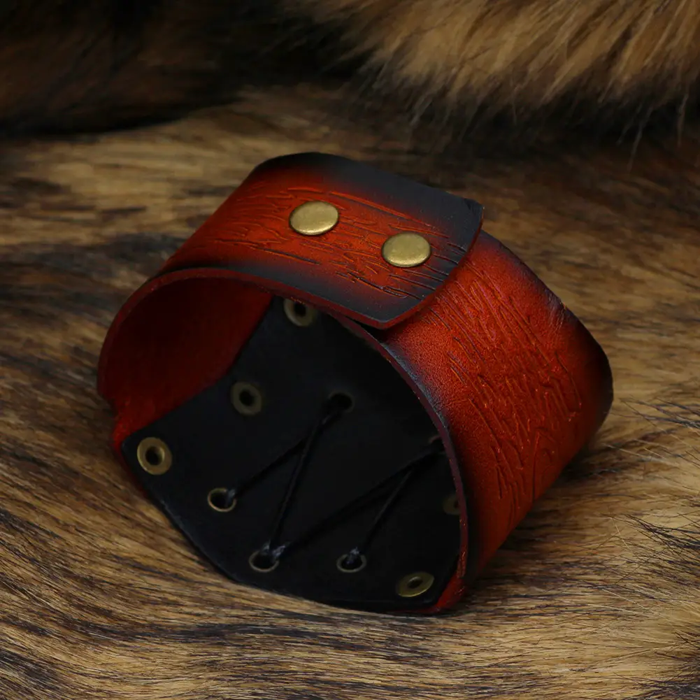 Viking Thor's Hammer Leather Bracelet with Geometric Pattern