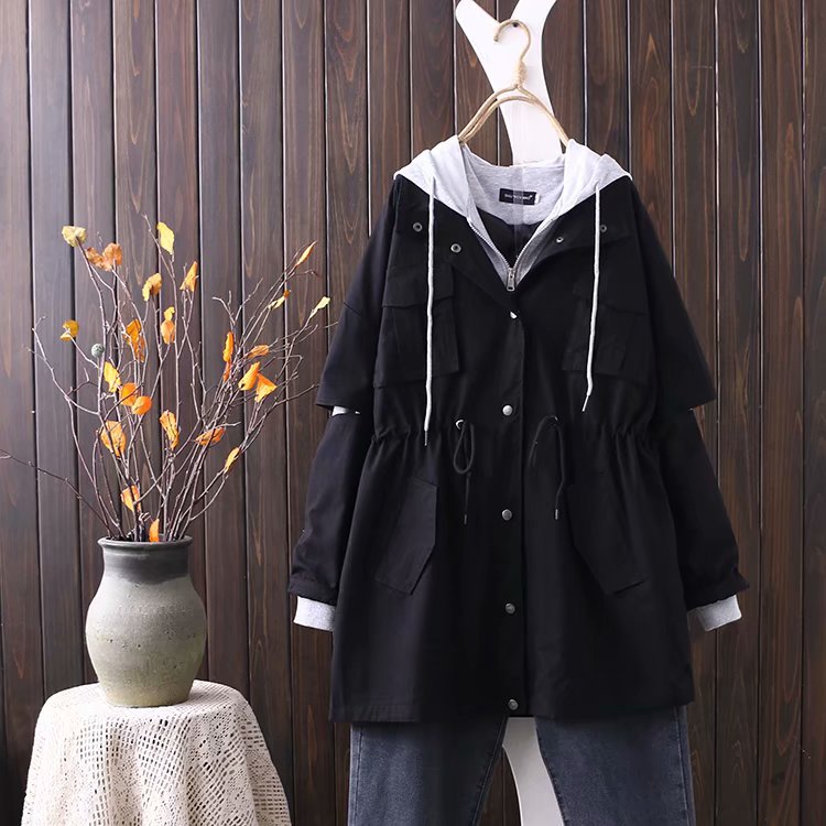 Fashion Drawstring Fake Two-piece Windbreaker Jacket