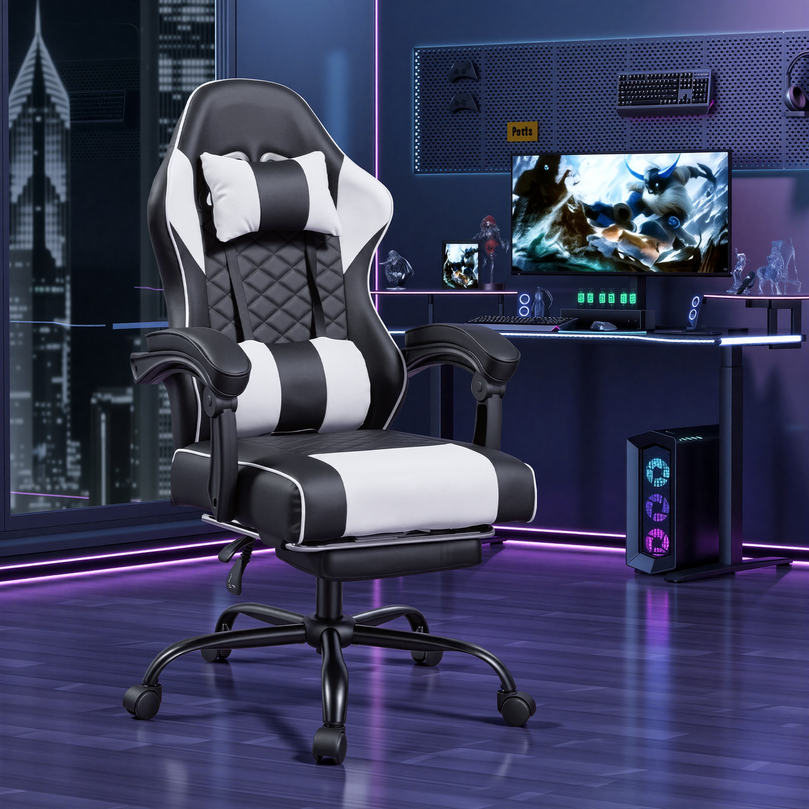 Racing Style Gaming Chair With Footrest,PU Leather,Massage Lumbar — image 3
