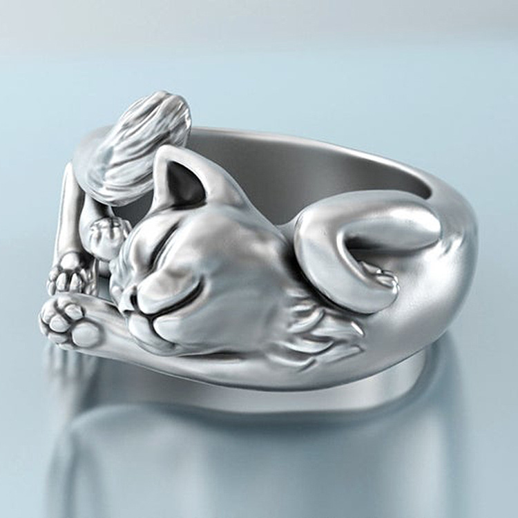 Zhenrong New Cute Cat Adjustable Open Ring, European 925 Plated Vintage Thai Silver Black Cat Totem Finger Ring For Women