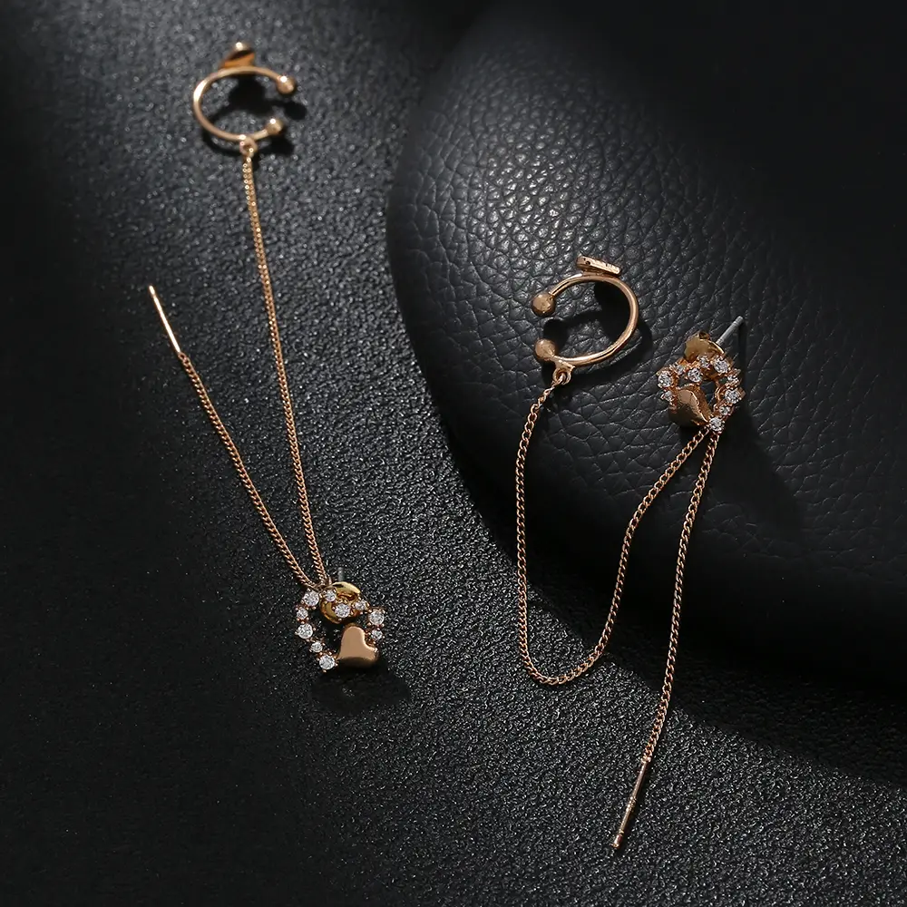 Cross Border Jewelry Wholesale Niche Design Copper Micro Inlaid Zircon Love Ear Bone Clip Long Tassel Ear Line Fashion Versatile Earrings