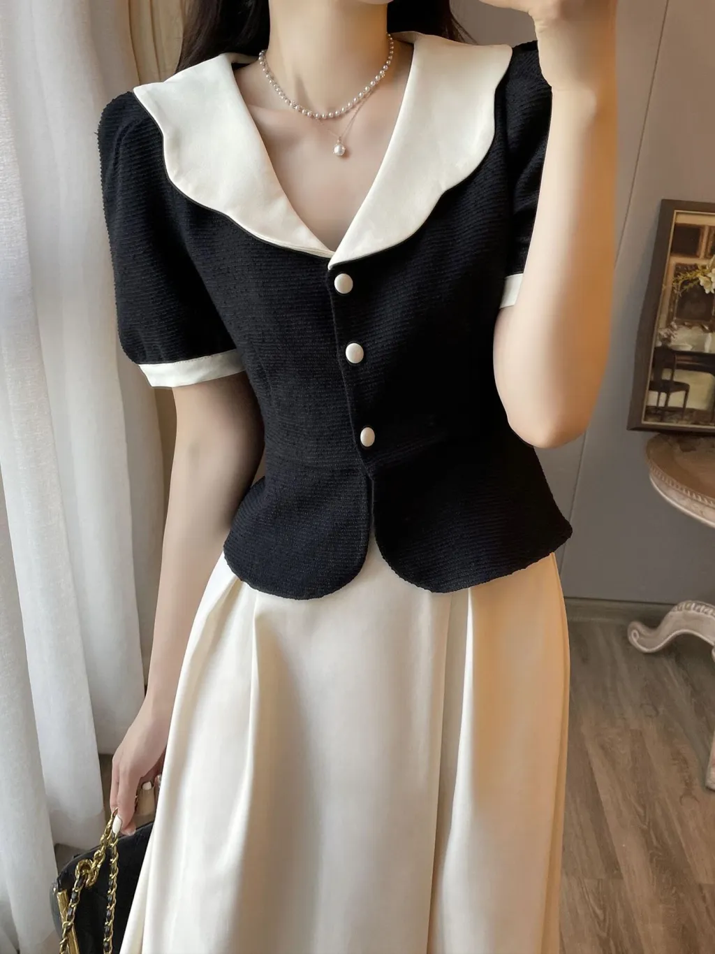 French Retro Polyester Top Two-piece Dress - Tops-Xxxl