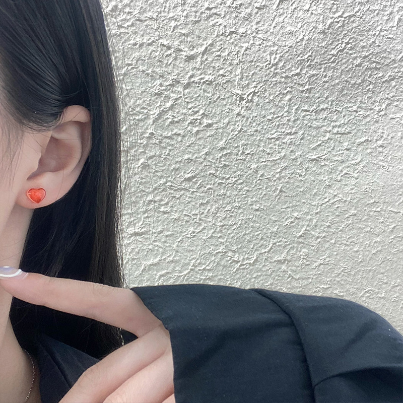 Silver Needle Strawberry Heart Pentagram Resin Stud Earrings