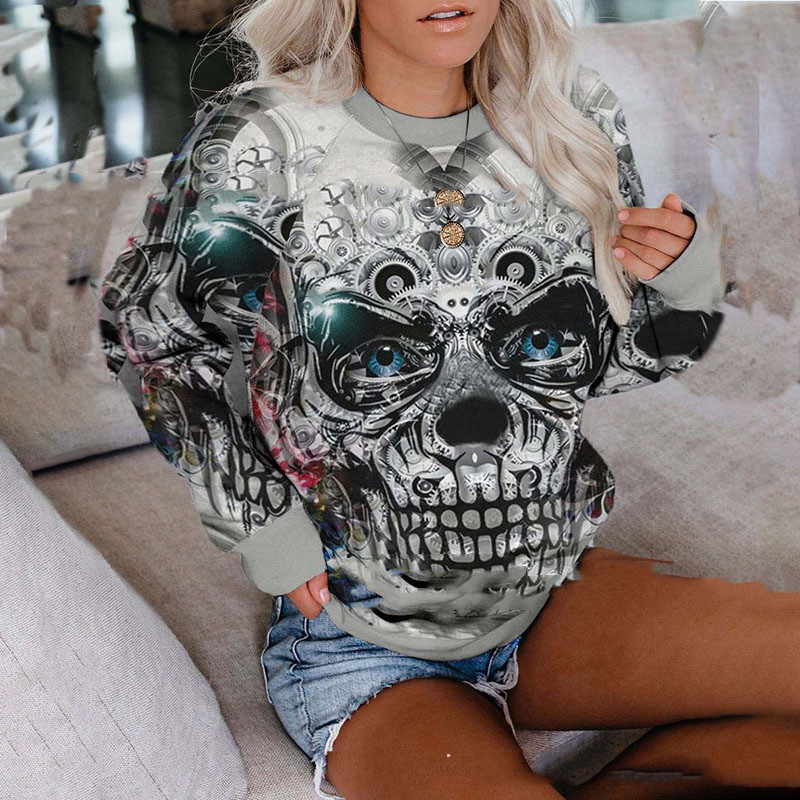 Halloween New 3D Digital Women's Long-sleeved Skull Print Sweater