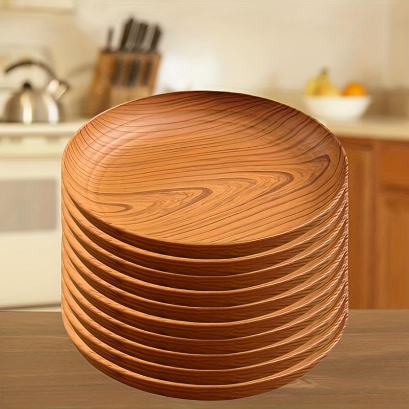 10 Creative Wood Grain Plastic Plates - Round Striped Design, High-Quality Lightweight, Suitable For Home, Dessert Shops 4