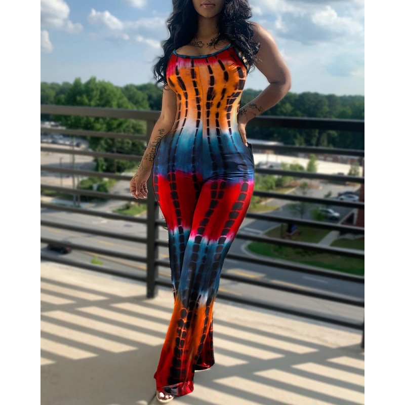 Women’s Fashion Print Suspenders Wide Leg Casual Jumpsuit