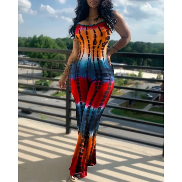 Women's Fashion Print Suspenders Wide Leg Casual Jumpsuit Red - Shop at LoveMi