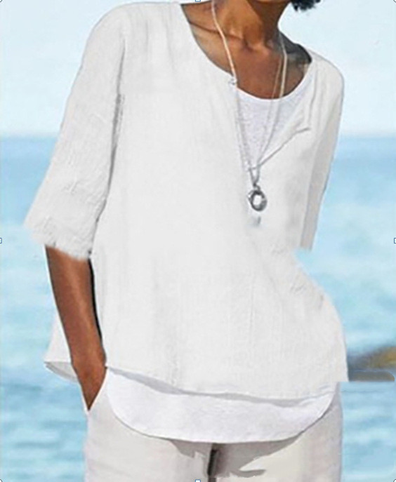 All-match Women's Mid-sleeve V-neck Solid Color Cotton Linen Shirt Top Women