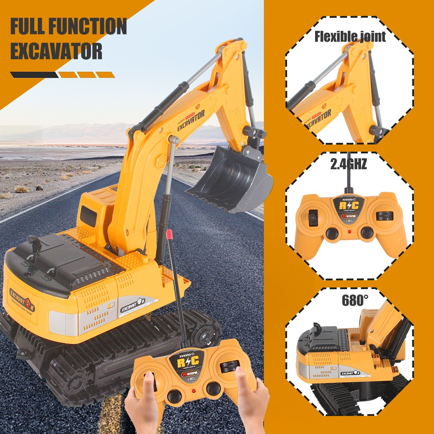 RC excavator toy for outdoor sand and construction play