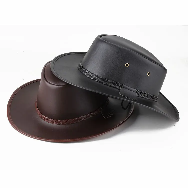 Solid Colour Leather Cord Large Brimmed Sun Visor Cowboy