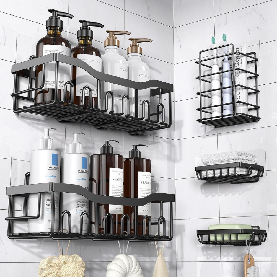 5PCS Adhesive Shower Caddy Set, Rustproof Stainless Steel Bathroom Shelves, No-Drill Large Capacity Storage Organizer