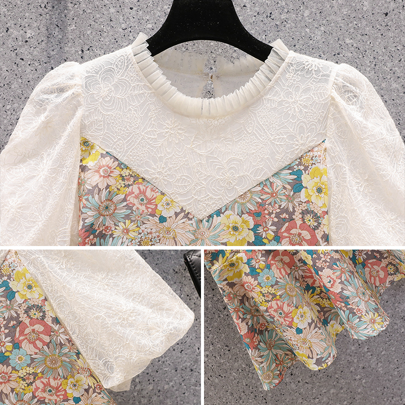 Summer Floral Dress Lace Short-sleeved Ruffle Skirt Mid-length