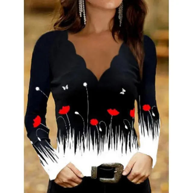 Printed Wavy V Neck Long Sleeve T Shirt Women's Element2 - Shop at LoveMi