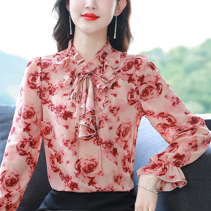 Foreign Style Agaric Ruffle Lace Up Floral Long Sleeved Chiffon Shirt For Women - Red