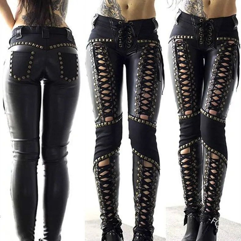 Punk Rock Leather Skinny Pants Strap Base Leather Pants - Black