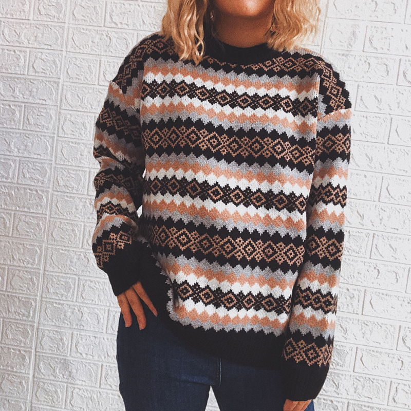 Retro Pattern Round Neck Long Sleeve Knitted Pullover Sweater Black - Shop at LoveMi